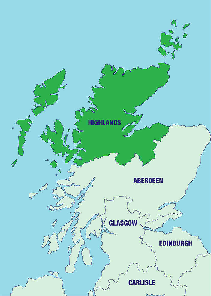 A map of the highlands and islands, coloured in green to show Metro Rod cover the whole area