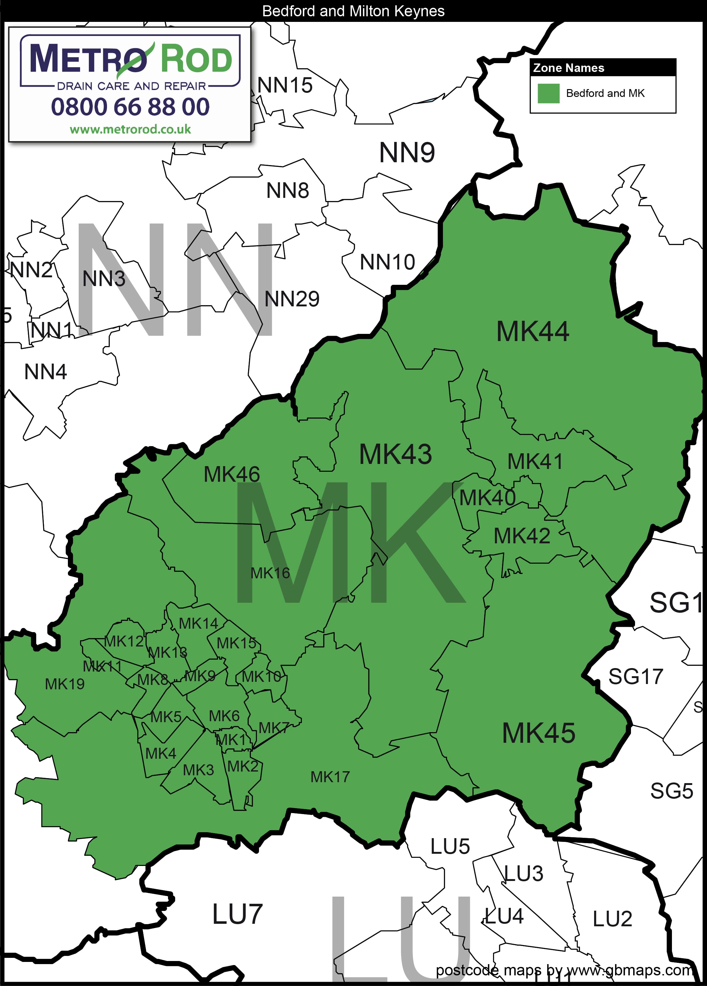 Map Of Mk Postcodes Where We Work - Metro Rod Bedford & Mk - Metro Rod